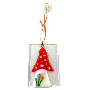 Fused Glass Mushroom Hanging Ornament Suncatcher 2.5x3.5” Handmade Art